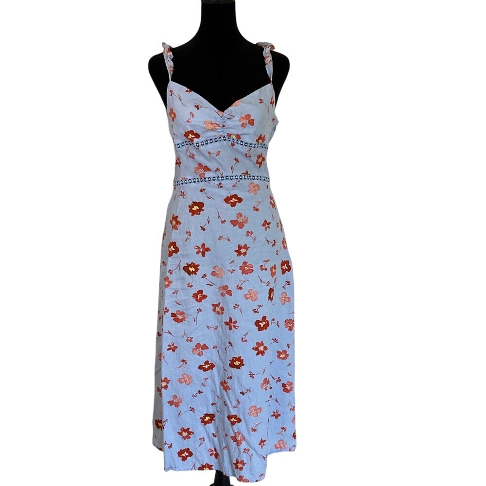Zara‎ Womens Light Blue Floral Midi Dress Size Small Sweetheart Neck Open Back